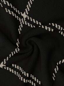 Elenzga Áo len dệt kim dáng rộng kẻ caro cổ tròn vai rớt cho nữ cỡ lớn, thích hợp cho mùa thu/đông. - màu đen - Xem 5