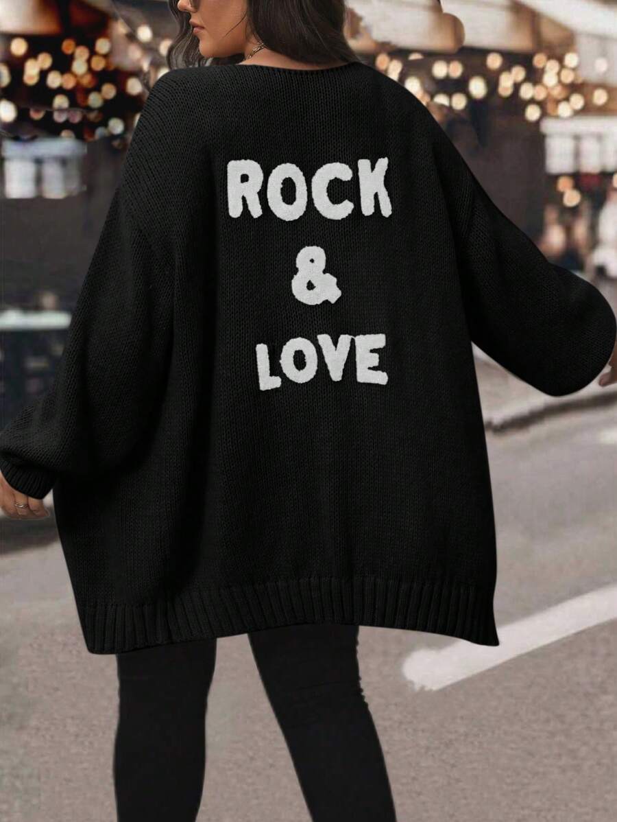 SHEIN LUNE 大码女式字母图案蝙蝠袖宽松休闲开衫，秋冬 - 黑色 - 查看 1