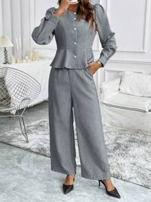 Chiquease 女士休闲纯色泡泡袖单排扣荷叶边下摆衬衫和宽腿宽松裤套装，春秋 - 灰色 - 查看 1