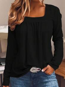 Plus Solid Casual Kwadratowy Dekolt Długi Rękaw T-shirt Topy - Czarne - Zobacz 1