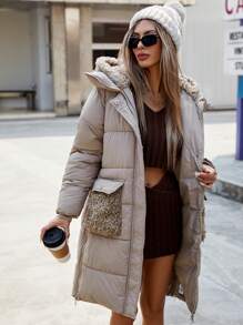 GENKIRA Áo khoác đệm dày chắp vá mới cho phụ nữ, xu hướng quần áo mùa đông phổ biến - Màu Khaki - Xem 6