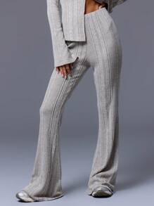 MUSERA High Waisted Knit Ribbed Flared Trousers Summer Vacation Airport Party Casual - Apricot - View 2