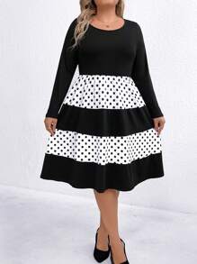 SHEIN Clasi Plus Size Mid-Length Contrast Polka Dot Print Slimming Dress - Multicolor - View 3