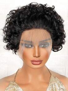 短捲髮小精靈剪 T 部分蕾絲假髮 12X0.5 真人發假髮 1B 天然黑色經濟實惠頭髮替換假髮廉價日常使用假髮適合初學者 - Natural Black - 查看 5