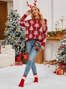 SHEIN Unity Women's Christmas Pattern Oversized Pullover Sweater, Sweet & Youthful, Knit Pullover Fall Winter - Red - View 4