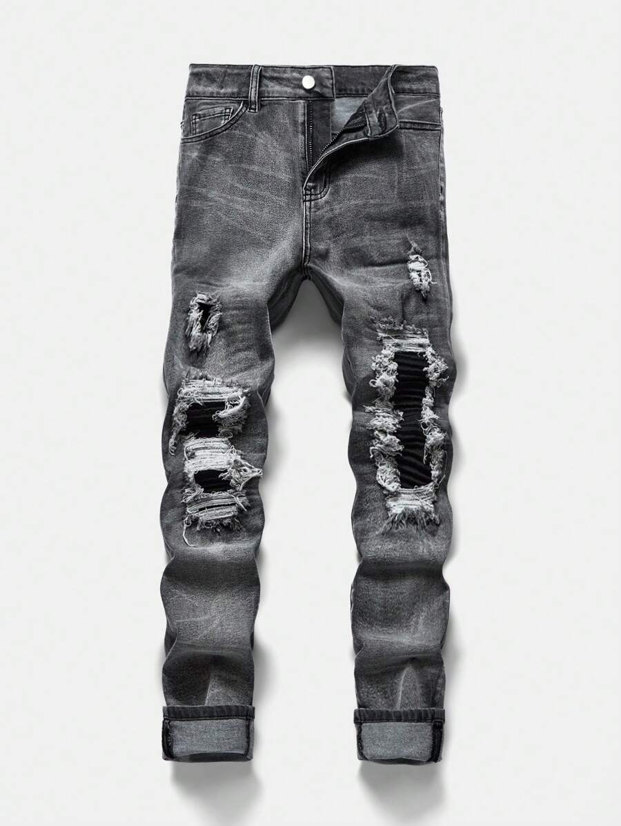 青少年男孩街头时尚 Y2K 破洞拼布洗水牛仔裤 - 灰色 - 查看 1