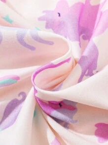 Young Girl' Light Peach Unicorn Allover Print Long Sleeve Nightgown & Round Neck Long Sleeve Pants Set, Flame Retardant Loungewear Suitable For Family Party And Photoshoot
