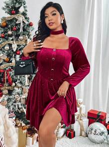 Flirla 大码女式红色天鹅绒闪亮节日派对礼服，秋冬季新年服装 - 紅色 - 查看 7