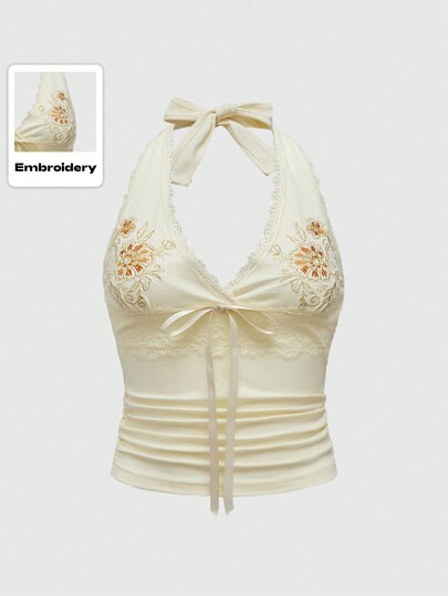 Hippie Damen Große Größen Sommer Top mit Blumenstickerei, Spitze, Raffung und Träger-Top