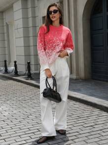 Aveloria Damen Pullover mit Rundhalsausschnitt, Farbverlauf Schneeflocke Punktmuster, Herbst/Winter