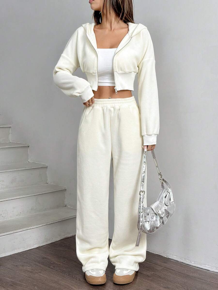 SHEIN EZwear 2pcs Women's Solid Color Front Button Long Sleeve Short Hoodie Sweatshirt And Pants Set - Apricot - View 1