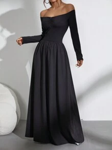 SHEIN Black Friday x Star Picks SHEIN Unity Gaun Off-Shoulder Minimalis Elegan Lengan Panjang Warna Polos dengan Detail Kerut, Kasual untuk Pemakaian Sehari-hari - Hitam - View 1