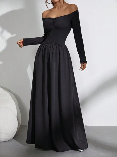 SHEIN Black Friday x Star Picks SHEIN Unity Plain Color Long Sleeve Ruched Minimalist Elegant Off-Shoulder Dress, Casual For Everyday Wear