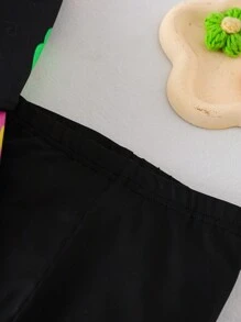 SHEIN Bộ 2 món áo nỉ hở vai in họa tiết hoa nhiều màu sắc cho bé gái và quần legging bó màu tương phản - màu đen - Xem 6