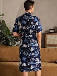 男士全印花系带短袖家居服、日常休闲服 - 藍色 - 查看 2
