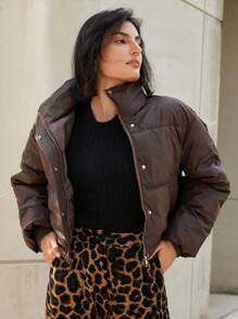 Aveloria Modichic 野鸭立领夹棉大衣，女士秋冬时尚夹棉保暖聚酯纤维合成保暖冬季大衣冬季夹克外套，今年流行 - 棕色 - 查看 4