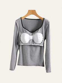 SHEIN BASICS Áo kiểu nữ dáng ôm, màu trơn, cổ tim, tay dài, chất liệu dệt kim. - Màu xám đen - Xem 3