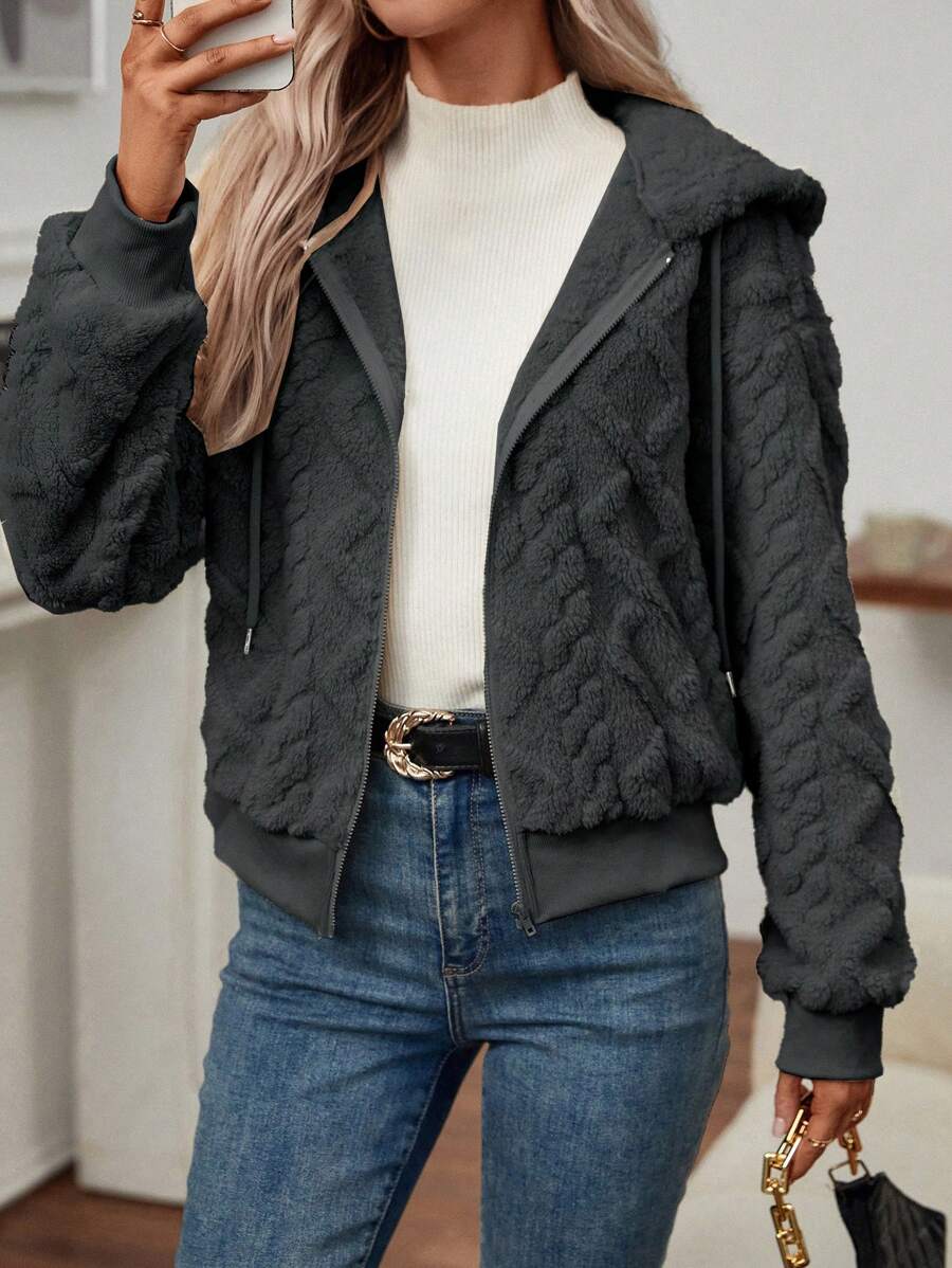 EMERY ROSE 1 Áo khoác trùm đầu tay dài khóa kéo phía trước màu trơn cho nữ - Màu xám đen - Xem 1