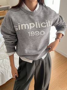 Dazy-Less 1 件女士休闲字母图案落肩宽松套头毛衣，不含衬衫，秋季服装