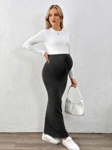 SHEIN 孕妇秋季休闲纯色修身长裙 - 深灰色 - 查看 5