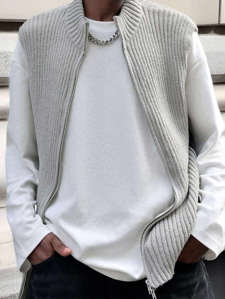 Manfinity Roghcode Áo vest dệt kim không tay có dây kéo thông thường dành cho nam giới - Xám - Xem 1