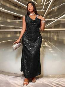 SHEIN Belle 加大码优雅闪亮围脖领无袖连衣裙，秋季节日派对服装超长亮片女装 - 黑色 - 查看 1