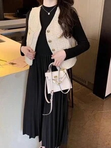 SHEIN Unity Áo khoác nữ cổ chữ V không tay màu trơn có túi thường ngày/làm việc - Màu be - Xem 3