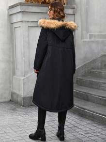 SHEIN Maternity Winter Casual Drawstring Waist Patch Pocket Fluffy Hooded Long Coat - Black - View 3