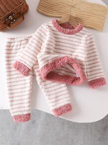 SHEIN Vintaside Kids 女婴条纹毛绒长袖家居服，冬季