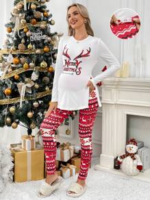 SHEIN Maternity Christmas Lettered Side Slit Long Sleeve Shirt And Christmas Red Leggings 2pcs Set, Autumn - Multicolor - View 2