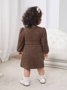 SHEIN Baby Girl Mommy & Me 棕色针织松紧腰长袖连衣裙，秋冬款
