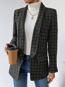 Chiquease 女士优雅格子有领西装外套，长袖，适合通勤，秋冬季 - 黑色 - 查看 6