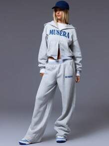 MUSERA Cropped Letter Zip Up Hoodie - Light Grey - View 4