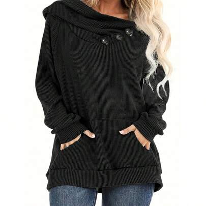 Women's Plus Size Plain Button Accent Long Sleeve Casual Sweatshirt Black Spring