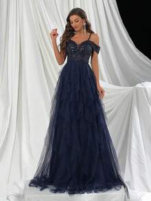 QOQ 女神优雅蓝色拼接网眼露肩女士礼服，适合舞会、鸡尾酒会和派对 - 寶藍色 - 查看 3