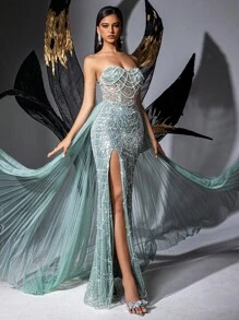 Glamour Goddess Strapless Mesh Sequin Lace-Up Slit Gown Dresses For Formal Evening, Graduation Party,Wedding Guest - Mint Green - View 3