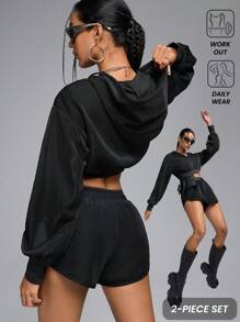 Innovista 金属面料变色运动套装，2件套，秋季外套，女士连帽衫和二合一运动短裤/紧身短裤，塑身短裤，电子产品派对外套，轻薄外套套装，秋季，冬季，外出，黑色拉链连帽衫，必备连帽衫