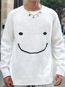 Manfinity VCAY 1 pieza Ropa de hombre estilo Y2K Ajuste casual divertido de alta calle Estilo vintage Suéter con gráfico de sonrisa para hombres Ropa de otoño Ropa de Halloween Pijamas de Halloween Suéteres de Halloween a juego Ajuste limpio Cálido y grueso