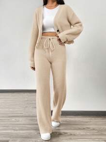SHEIN EZwear 秋冬季女士休闲纯色长袖针织开衫两件套 - 卡其色 - 查看 3
