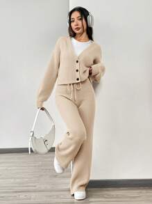SHEIN EZwear 秋冬季女士休闲纯色长袖针织开衫两件套 - 卡其色 - 查看 5