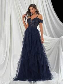 QOQ 女神优雅蓝色拼接网眼露肩女士礼服，适合舞会、鸡尾酒会和派对 - 寶藍色 - 查看 1