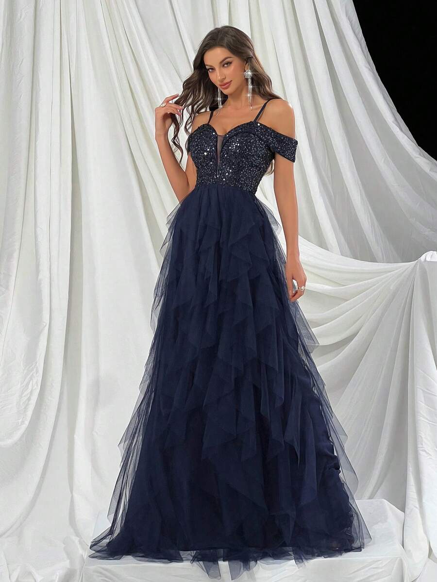 QOQ 女神优雅蓝色拼接网眼露肩女士礼服，适合舞会、鸡尾酒会和派对 - 寶藍色 - 查看 1