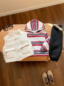 SHEIN 3pcs Set Baby Boy/Girl Autumn/Winter Warm White Fleece Jacket Vest Striped Hoodie Sweatshirt And Pants, Suitable For Outdoor, Skiing