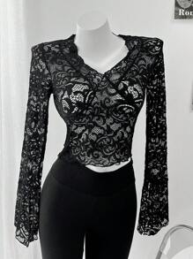 DAZY Women's Sexy Slim Fit V-Neck Lace Long Sleeve Top, Spring & Summer Going Out Tops Sheer,Fall Clothes Valentine's Day - Black - View 13