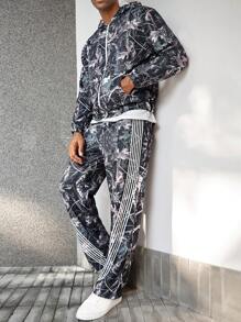 Manfinity EMRG Men's Autumn Casual Sports Leaf Print Zip-Up Hoodie And Sweatpants 2 Pieces Set