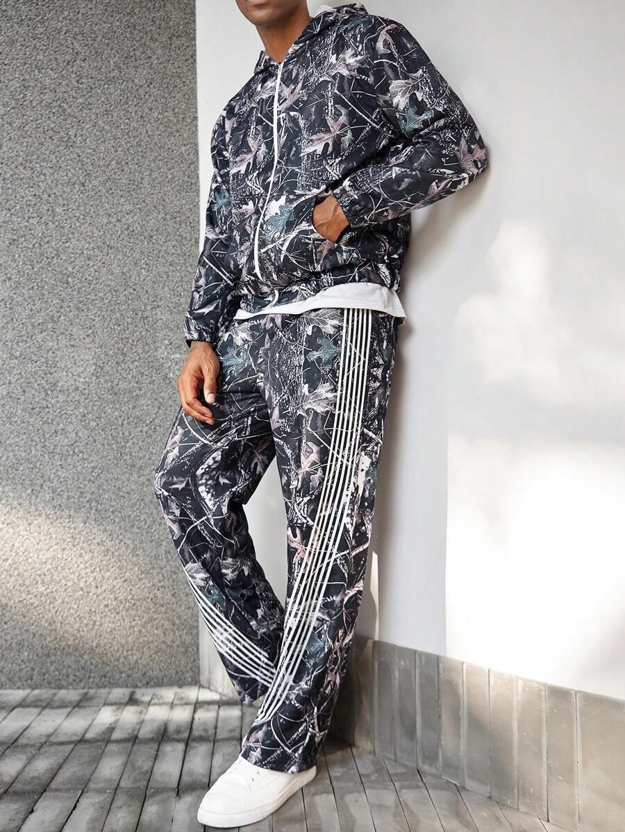 Manfinity EMRG Men's Autumn Casual Sports Leaf Print Zip-Up Hoodie And Sweatpants 2 Pieces Set