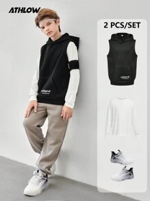 SHEIN 2 件套青少年男孩连帽印花口袋运动舒适自由训练夹克和圆领长袖上衣套装，秋冬季