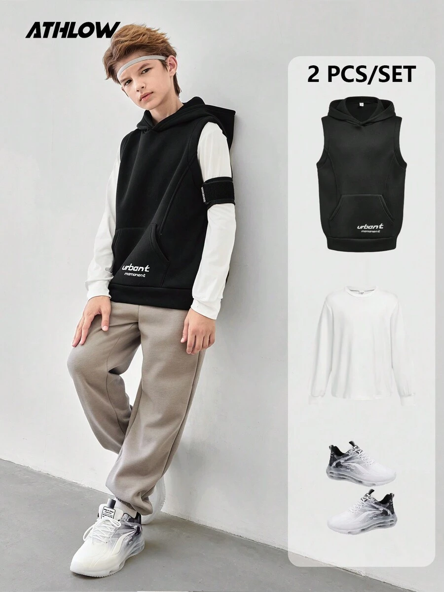 SHEIN 2 件套青少年男孩连帽印花口袋运动舒适自由训练夹克和圆领长袖上衣套装，秋冬季