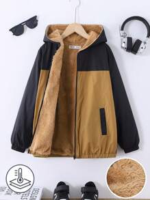 Tween Girls' Loose Casual Color Blocking Hooded Thermal Lined Thick Jacket - Khaki - View 4