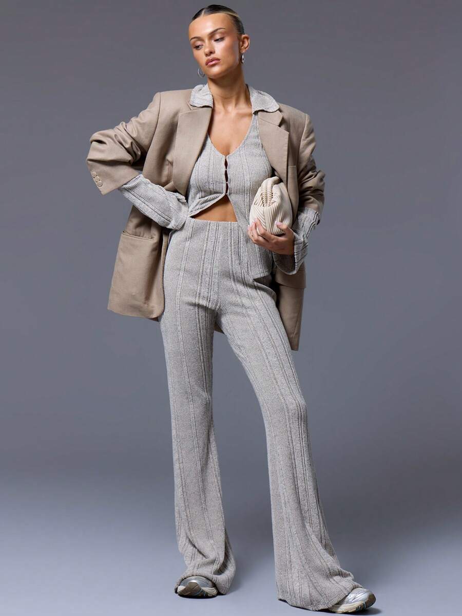 MUSERA High Waisted Knit Ribbed Flared Trousers Summer Vacation Airport Party Casual - Apricot - View 1